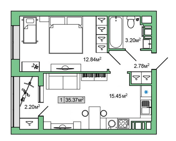 1-комнатная квартира в ЖК «Янила Драйв»