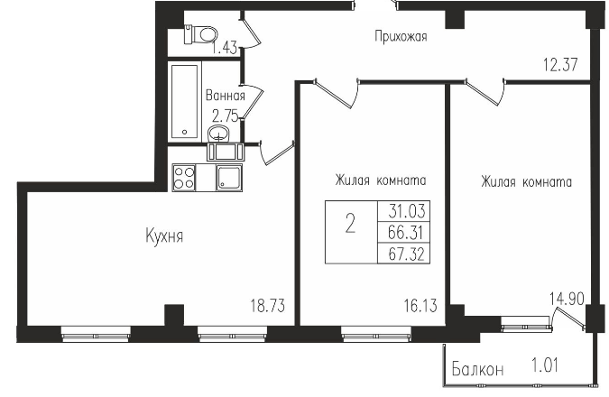 2-комнатная квартира в ЖК «Южная Поляна»