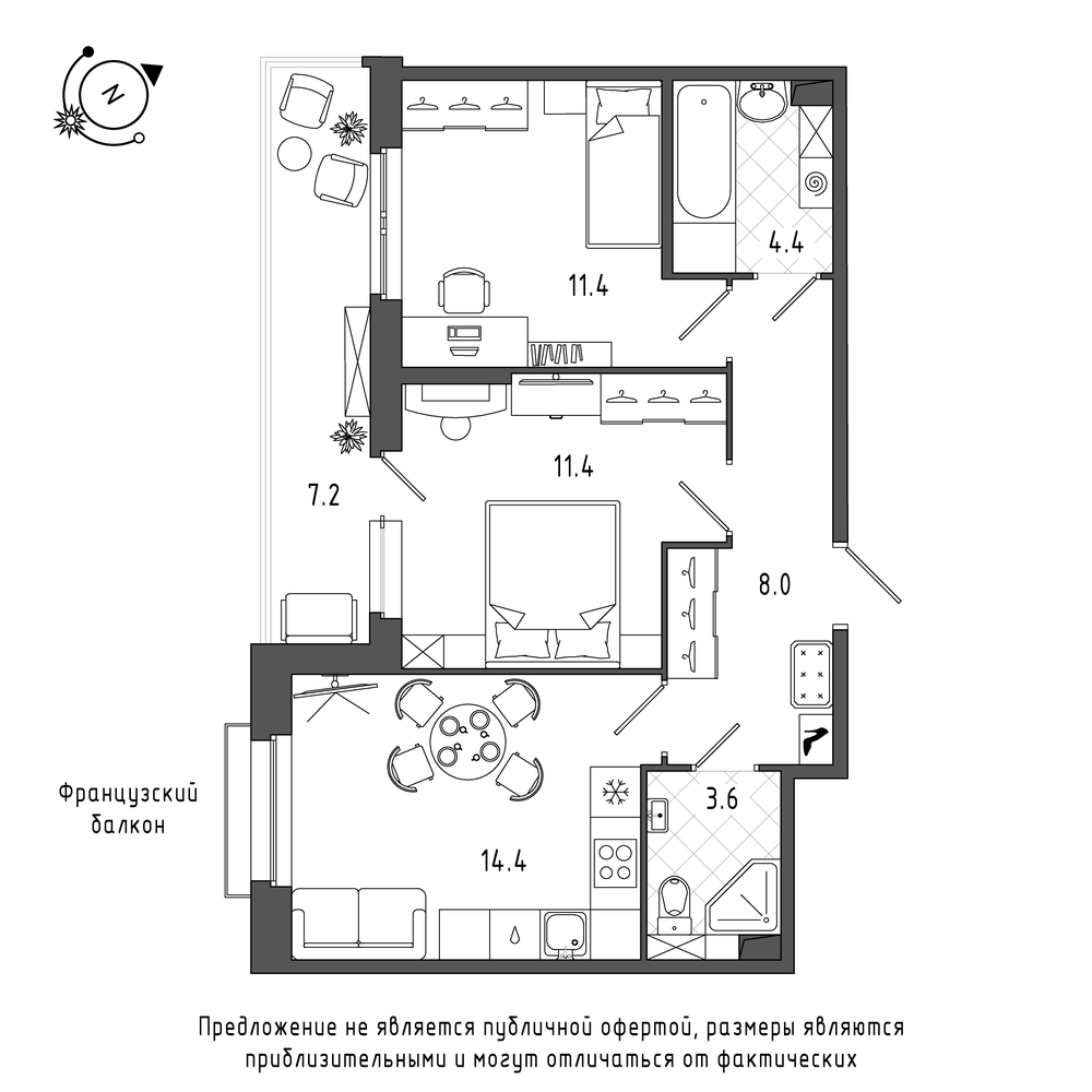 2-комнатная квартира в Квартал Che