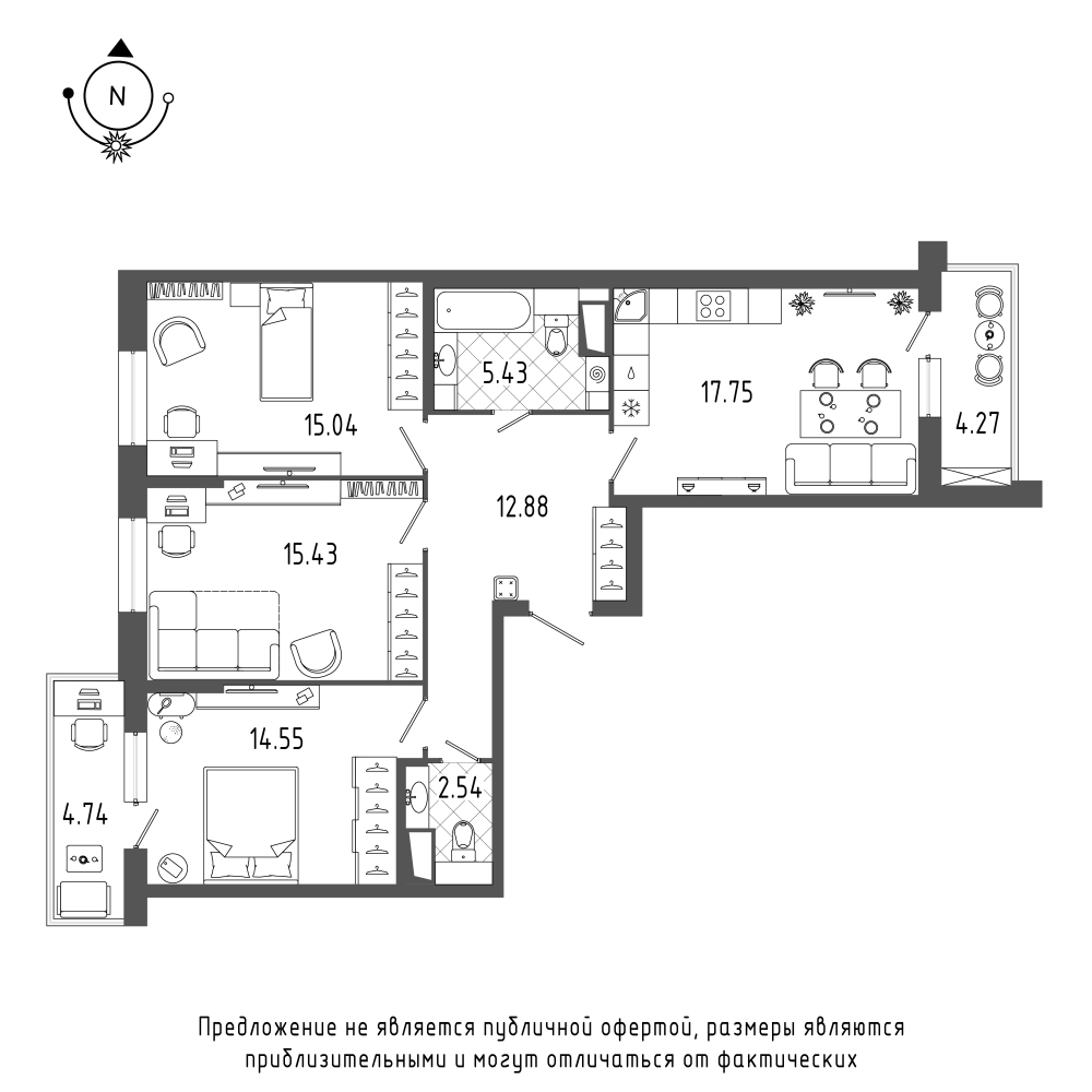 3-комнатная квартира в ЖК «Охта Хаус»